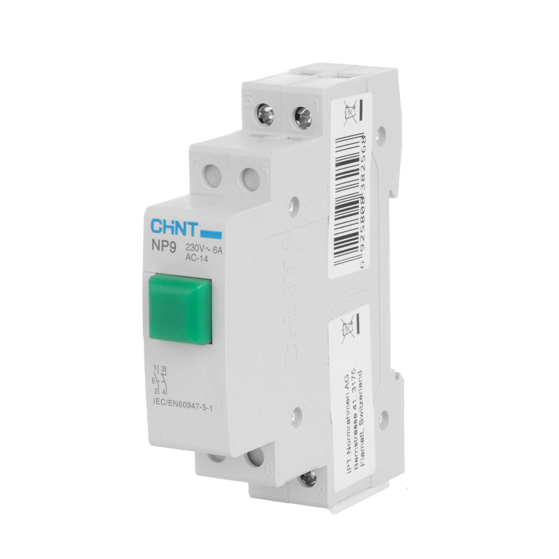 Chint REG Taster (grün), 1-Modul, 230V AC/DC, 16A (Ith), 6A (Ie), 1-Schlies. & 1-Öffn., Typ NP9-11/1