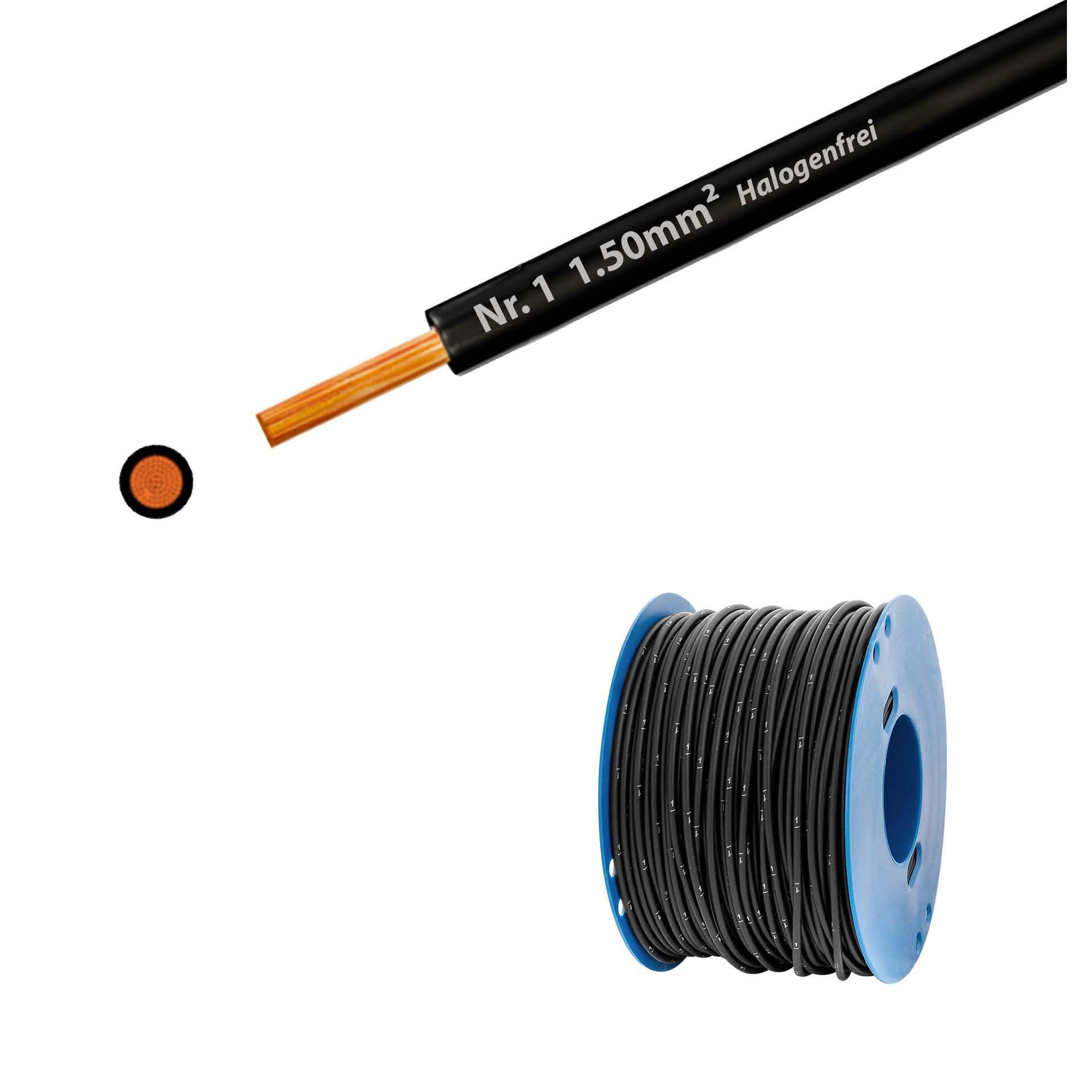 Litze halogenfrei 90° C , 750V, 1.50mm2, schwarz Nr. 1 (RAL 9005), auf Kunststoffrolle