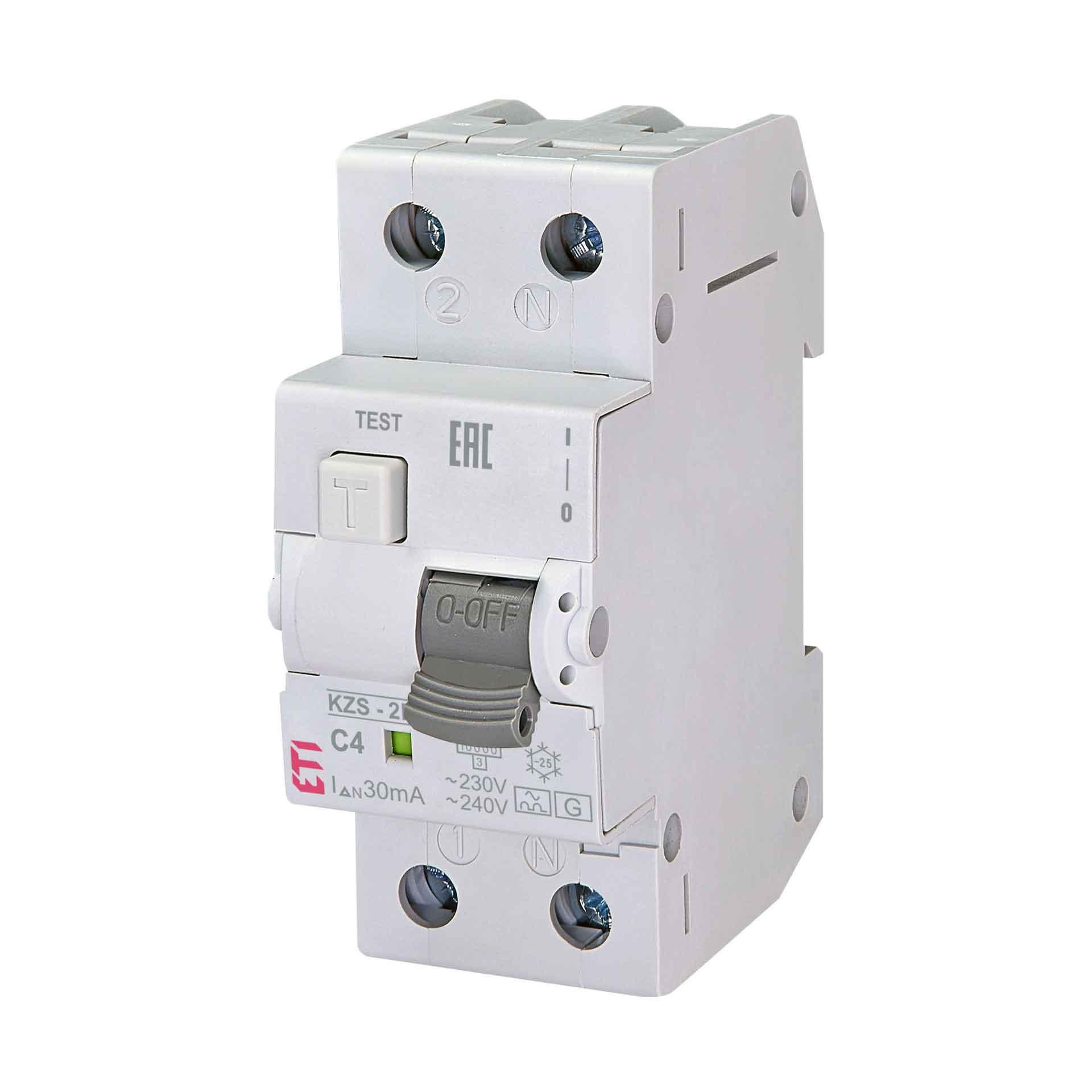 FI/LS kurzzeitverzögert,  KZS-2M, Typ-A, G/KV, 1-polig+N, Charakteristik C / 4A, 10kA (0.03A)