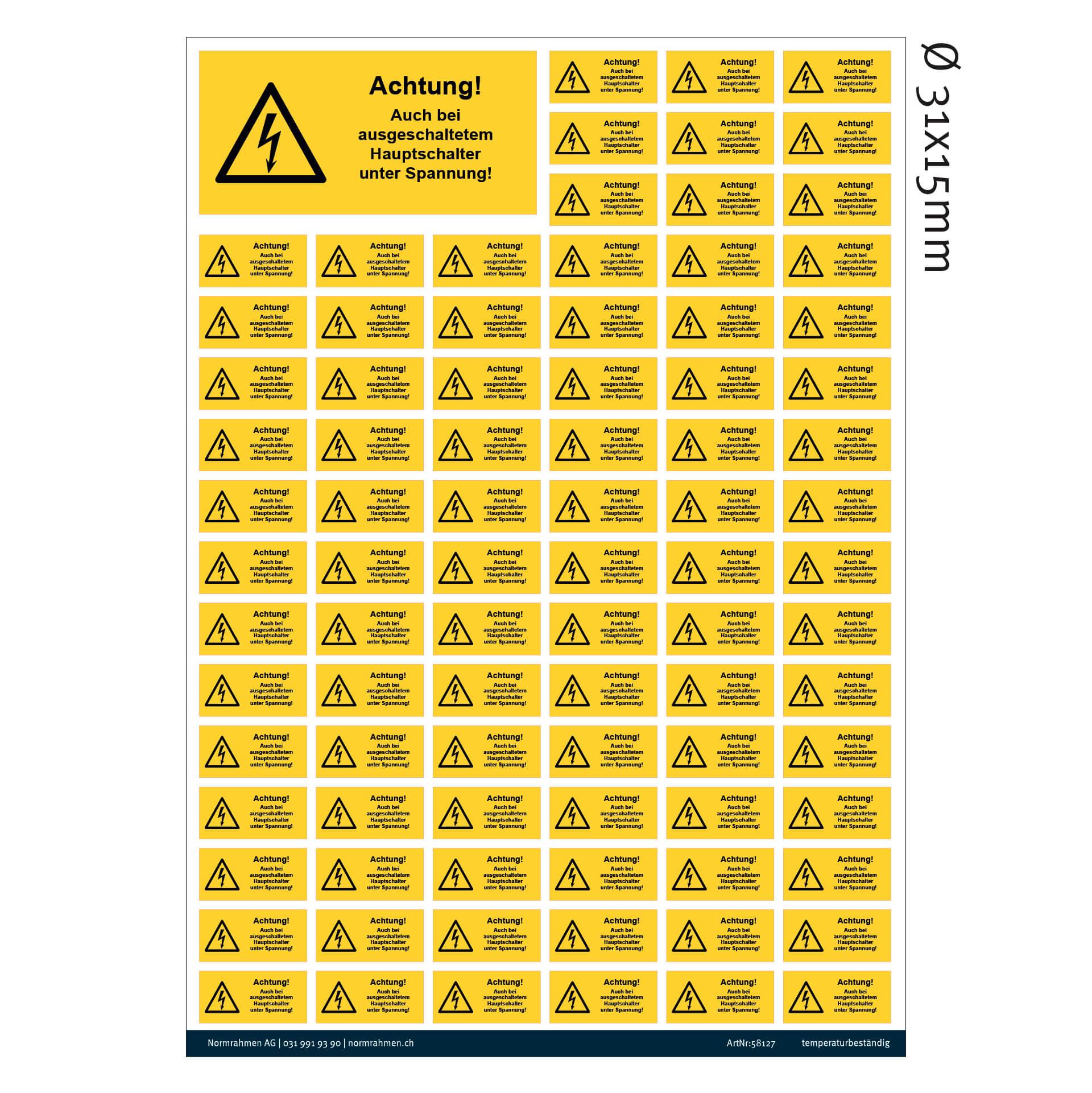 Achtung Hauptschalter 50x25mm,VPE 40 Stk. A4 Bogen