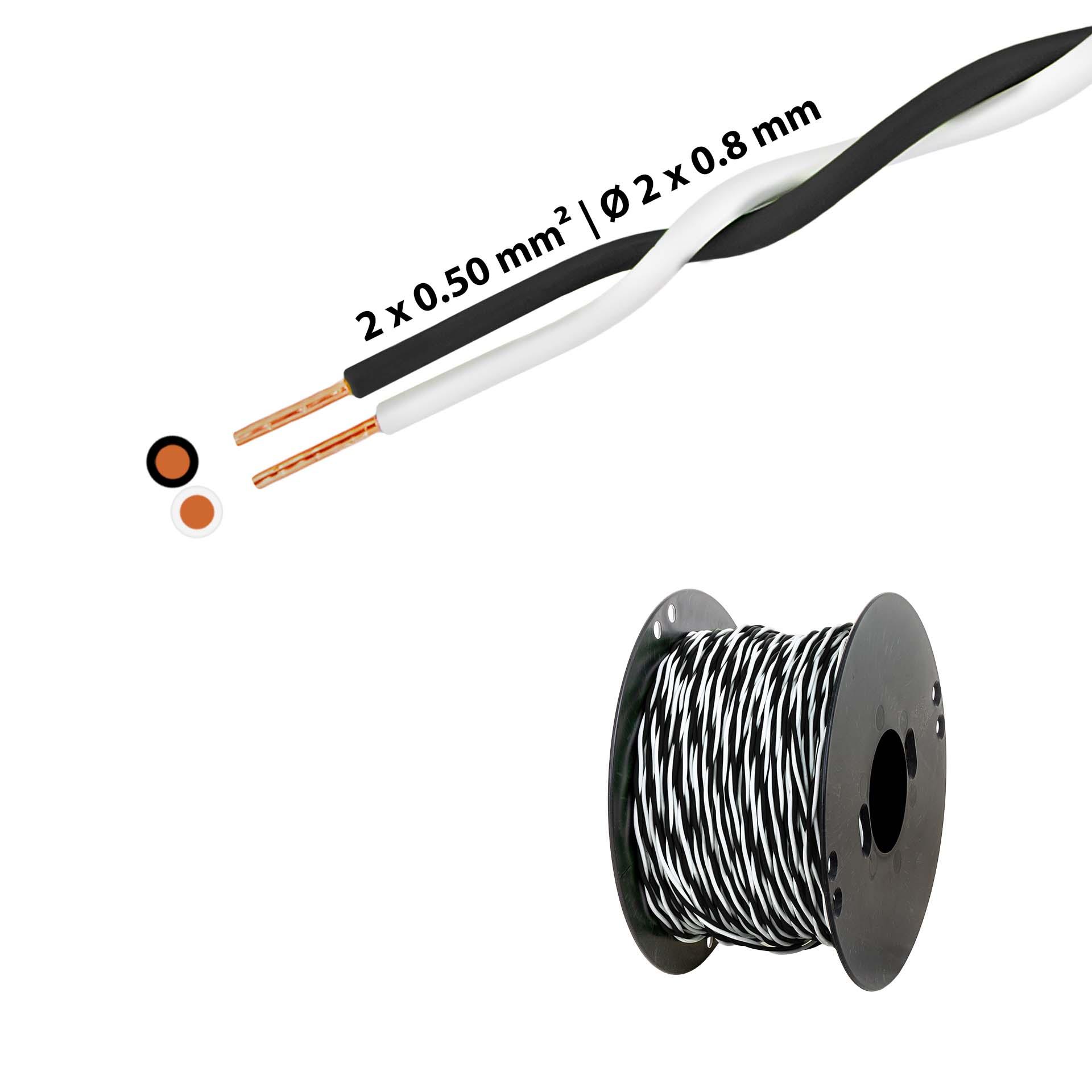 Verdrillter T-Draht 2 x 0.5mm2, weiss-schwarz, auf Kunststoffrolle